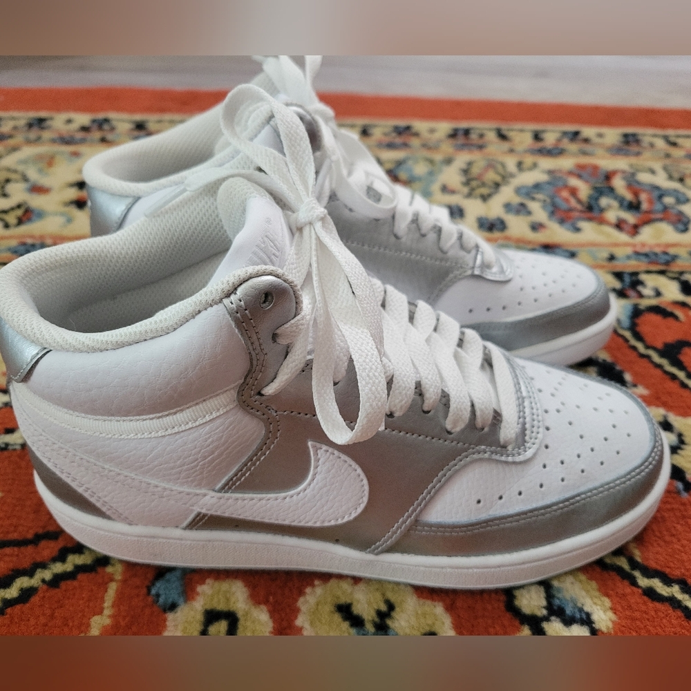 Nike Court Vision Silver And White High-Top Sneakers New Without Tags - Picture 2 of 6
